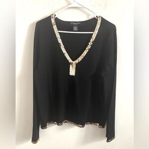 Y2K Silk Blend Womens Knit Blouse 1X Black Sequin Trim Whimsigoth Grunge Party